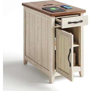 LINSY HOME Farmhouse End Table with Charging Station, Narrow Side Table for Living Room, Sofa Side Table with Drawer and Storage Cabinet, Small Nightstand for Home Office, Wood Door