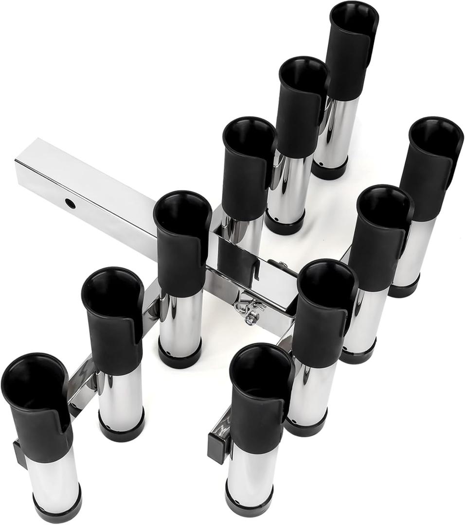 Adjustable Fishing Rod Holder for Truck 2" Hitch Receivers  Holds 6-10 Rods, 3 Angles, Quick Release, Anti-Shake Elastic Straps, Stainless Steel Fishing Pole Holder for Truck