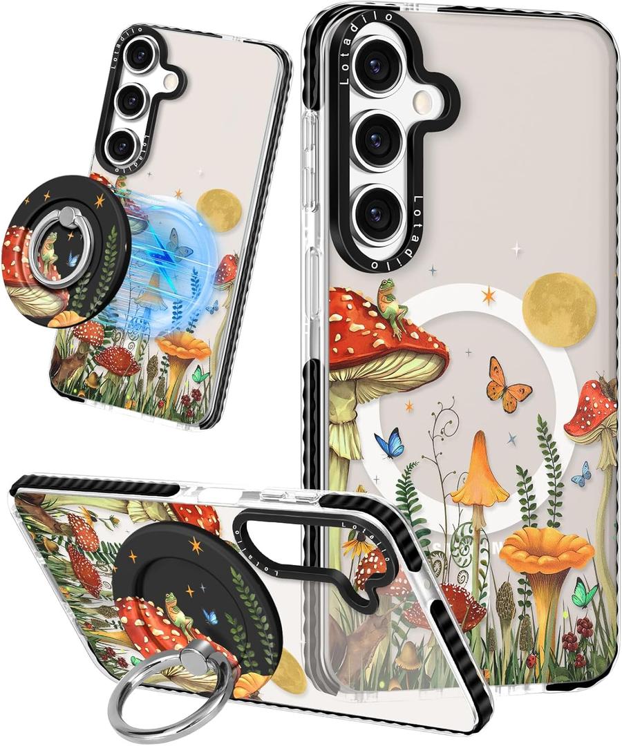 Lotadilo Cute Case for Samsung Galaxy S24 FE for Women Girls - Funny Butterfly Mogu Design Compatible with Magsafe Magnetic Ring Holder Kickstand Fashion TPU Phone Covers