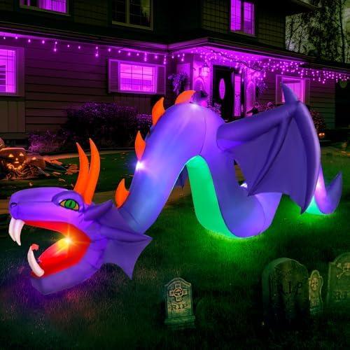 12ft Halloween Inflatable Dragon Decorations,Open Mouth and Sharp Teeth Outdoor Giant Purple Decorations,Built-in 7 LEDs Blow Up Dragon Inflatables for Yard, Lawn & Garden Internal Lights