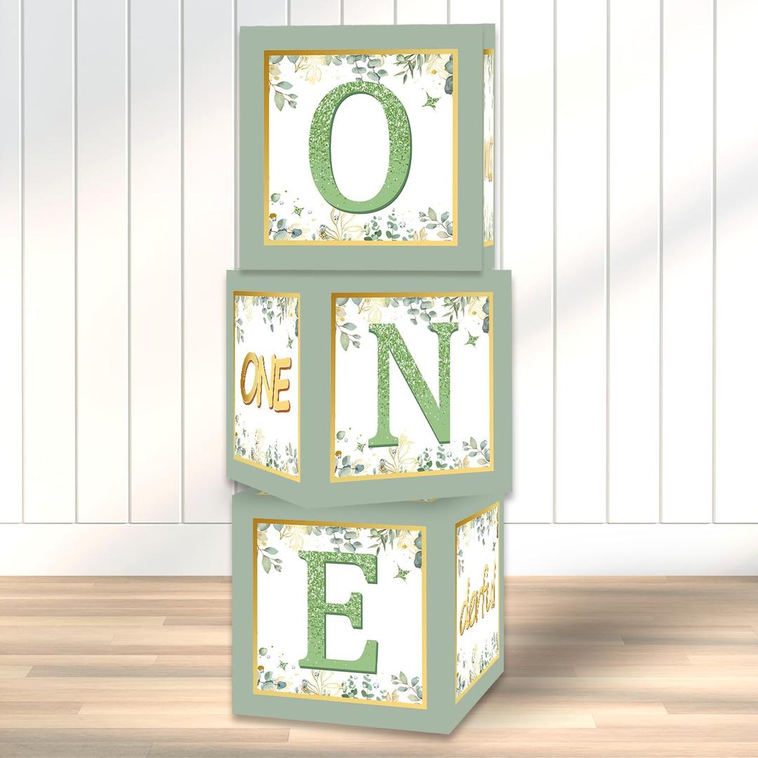 1st Birthday Boxes Decorations - 3Pcs Sage Green and Gold Miss Onederful Balloons Boxes for Girls One Year Old Party Cardboard Box Decor, 1st Birthday Party Supplies