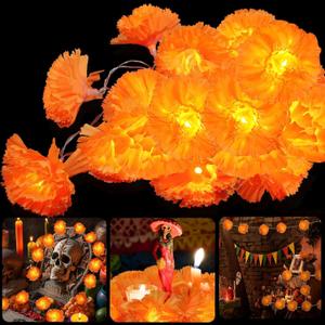 1 Pack Lighted Marigold Garland 20 LED Artificial Marigold Flowers String Lights Dia de Los Muertos Day of The Dead Decorations for Halloween Diwali Indian Party (1, 10 Ft 20 LED)