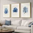 Framed Coastal Coral Watercolor Wall Art for Living Room, Large 3 Piece Navy Blue Coral Artwork for Walls, Minimalist Ocean Beach Marine Plants Pictures Prints for Bedroom Hallway Wall Decor, 20x30 In, 20" W x 30" H x 3Pcs