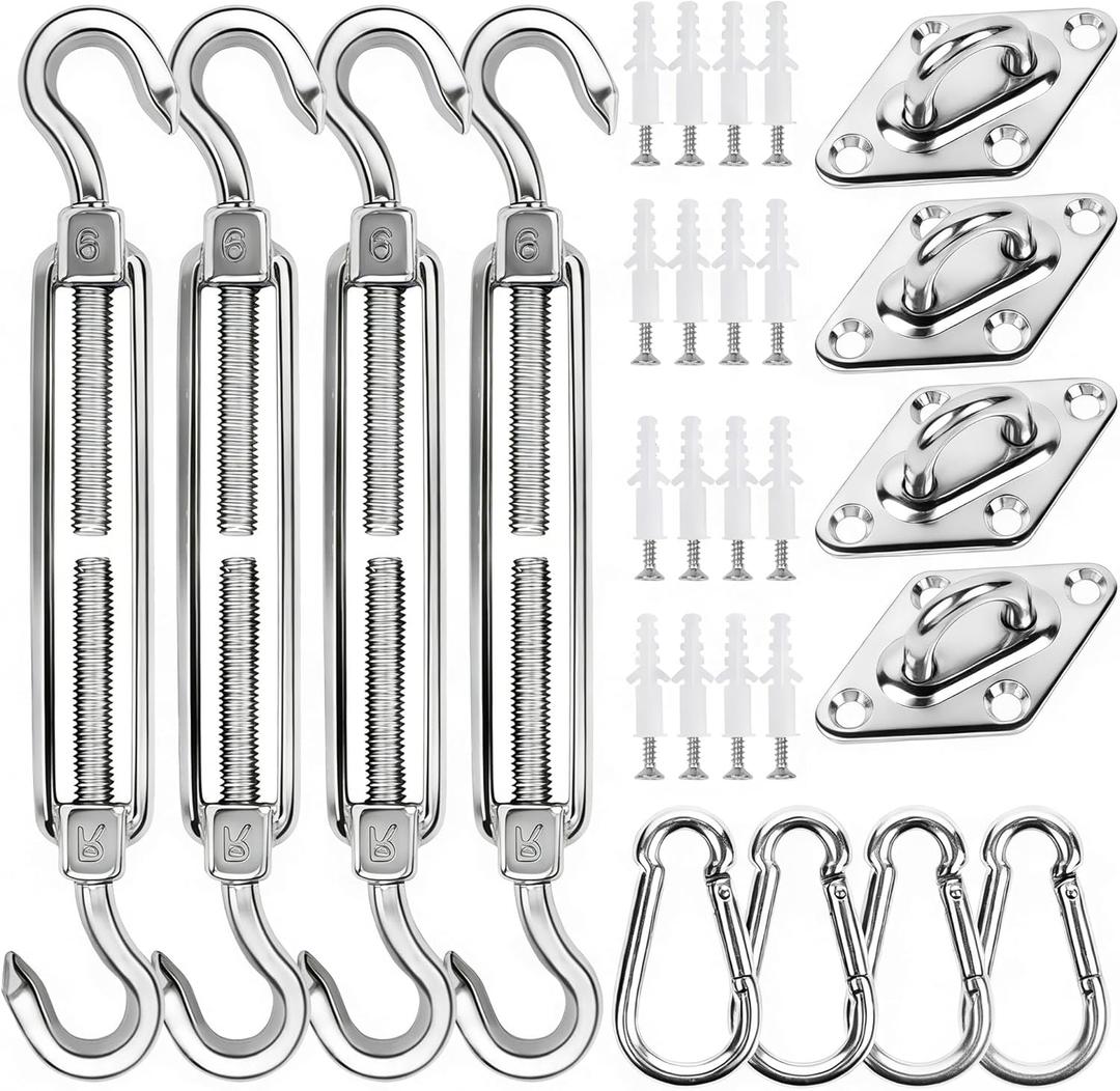 yofit 44 Pcs Shade Sail Hardware Kit, 6 Inch Outdoor Sun Sail Accessories, 304 Stainless Steel Turnbuckles & Brackets for Triangle/Rectangle Sails, Patio Canopy Installation Hardware Set Waterproof