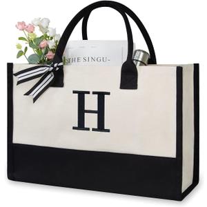 TOPDesign Personalized Initial Canvas Beach Bag, Monogrammed Gift Tote Bag for Women (Black & White)