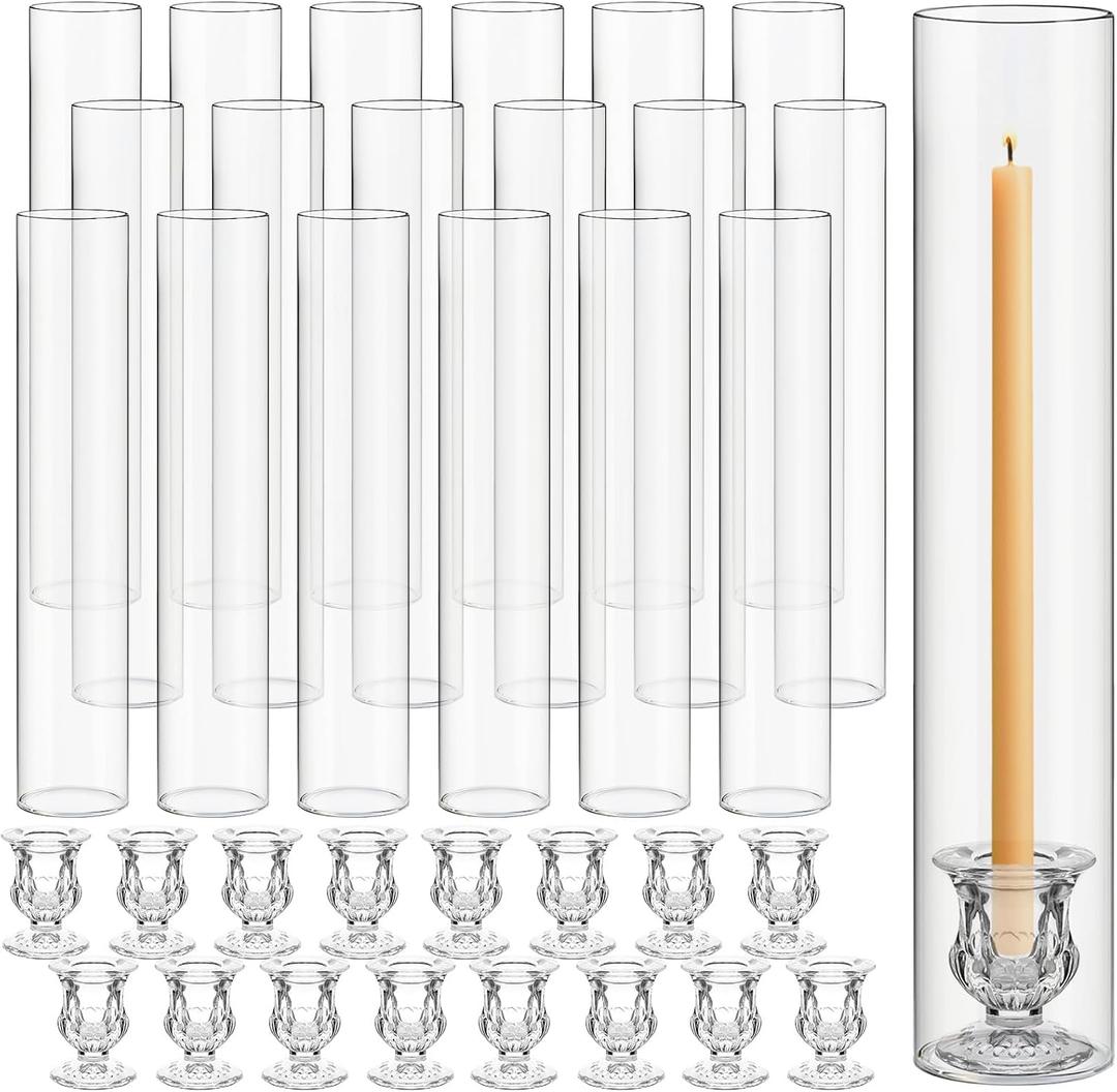 Teenyyou 24 Set Glass Hurricane Candle Holders 11.8" Open Ended Glass Candleholder Tube Shape Bottomless and 1.9" Taper Clear Candlestick Holders for Wedding Party Table Centerpiece