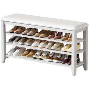 Shoe Rack Bench Entryway Storage with Leather Cushion, Shoe Organizer Bench for Entryway, Ideal for Front Doors Entrances Hallway Mudroom Featuring Rubberwood And 3 Height-Adjustable Removable Shelve, Size: 39.4"