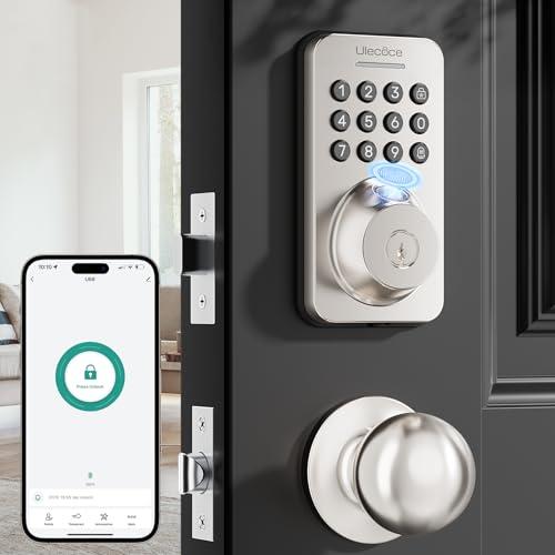 Ulecoce Fingerprint Keypad Deadbolt with Handle Set, Keyless Entry Door Lock, Door Locks for Front Door Lock Set, App Control, Auto Locking, Easy to Install, Satin Nickel