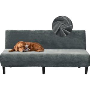 Armless Futon Cover Velvet Futon Slipcover Soft Stretch Couch Covers with No Arm Sofa Bed Cover with Non-Slip Thick Plush Furniture Protector Washable Couch Slipcovers for Living Room(Dark Grey)