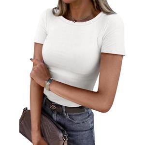 ANRABESS Women Short Sleeve Crewneck Ribbed Knit Slim Fitted Shirts Summer Tops Basic Tee Casual 2026 Spring Outfits Clothes (Large, White)