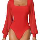 Avidlove Sexy Body Suits Women Mesh Square Neck Puff Long Sleeve Bodysuit Shapewear Concert Outfits Size M