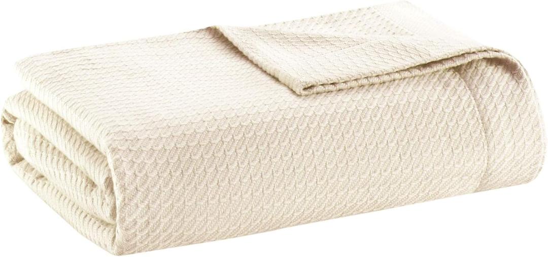 Madison Park 100% Egyptian Cotton Lightweight Summer Blanket, Breathable Waffle Knit Design, Soft Cozy All-Season Throw for Bed, Couch or Sofa, Blue Full/Queen Size (90"x90") (Cream)