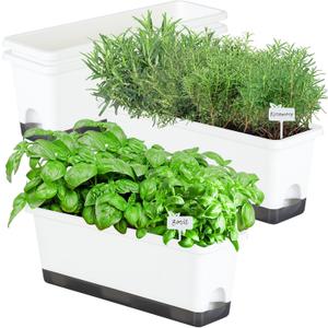 Window Box Planter 4 Packs, 17 Inches Rectangle Flower Pots with Drainage Holes & Trays, Pots for Vegetables, Herbs, Flowers, Garden Windowsill Balcony (White, 17 * 5.1 * 6 inch)