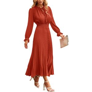 PRETTYGARDEN Women's 2025 Spring Fall Midi Dress Casual Long Sleeve V Neck Swiss Dot Pleated A Line Flowy Dresses (Brick Red), 