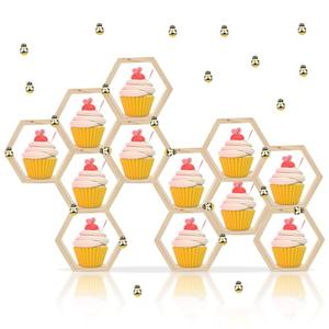Yolev 12 Pcs Hexagon Honeycomb Cupcake Stand with 50 Tiny Wooden Bee Wooden Farmhouse Hexagon Cake Display Holder Floating Cake Stand Honeycomb Shelves for Bee Baby Shower Decorations