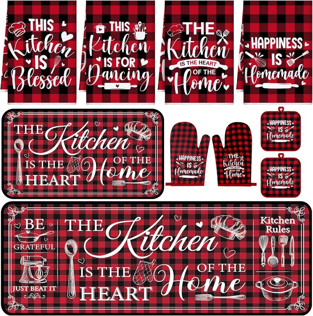 Fourluoo 10 Pcs Farmhouse Home Kitchen Decor Set 4 Kitchen Dish Towels 2 Pot Holders 2 Oven Mitt Rustic Rug and Mat for Cooking Baking Daughter Mom Gift Decor(Red White, Classic Style)