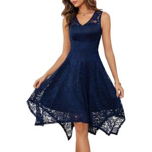 Meetjen Women's Cocktail Party Dresses 2025 Handkerchief Hem Lace Formal Wedding Guest Bridesmaid Fancy Prom Dress (3X-Large, Navy)