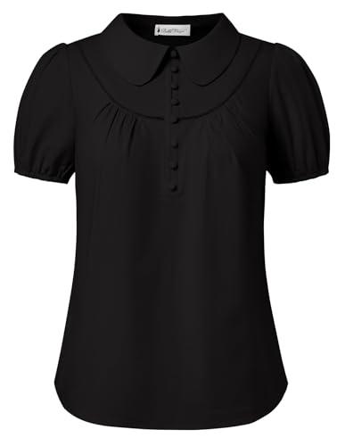 Belle Poque Short Puff Sleeve Blouses for Women Peter Pan Collar Dressy Work Shirts Summer Cotton Tops Black M