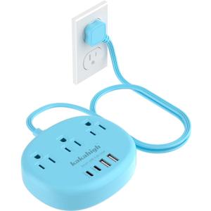 Blue Extension Cord with Surge Protected 1080J - 5 FT Flat Extension Cord, 1625W Cute Extension Cord with 3 AC Outlet 4 USB (24W/4.8A), Compact for Cute Blue Kawaii Desk Accessories