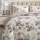 Flysheep 3 Pieces Quilt Set Full/Queen Size, Beige Floral Reversible Bedspread Coverlet Set, Soft Microfiber Lightweight Bed Cover for All Season (90" x 90", 1 Quilt+ 2 Pillow Shams)