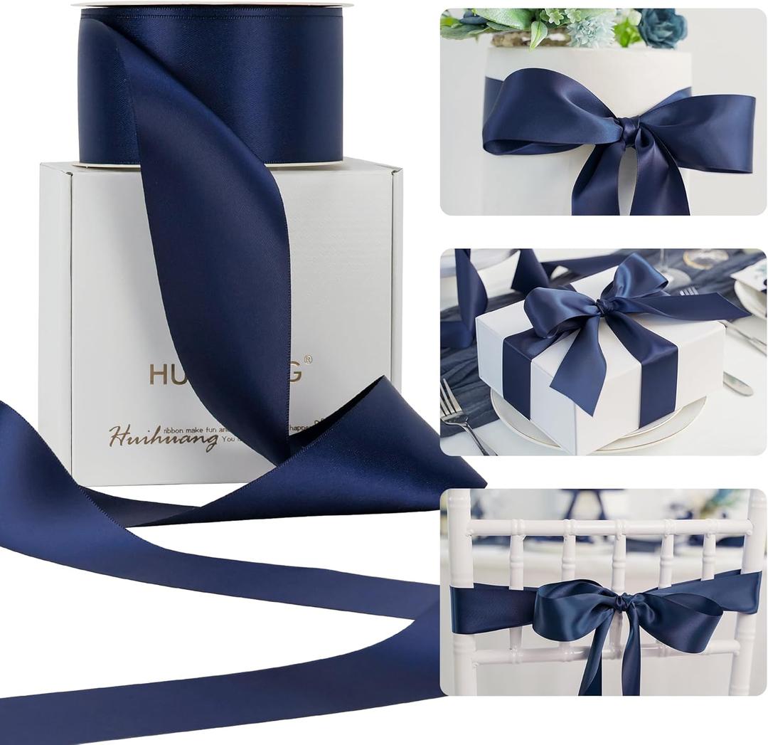 HUIHUANG Navy Blue Ribbon 2 inch Wide Double-Faced Navy Satin Silk Ribbon for Home Decor, Crafts, Bows Making, Flower Bouquet Wrap, Gift Wrapping, Gift Basket, Wedding Party Decor- 25 Yards/Roll