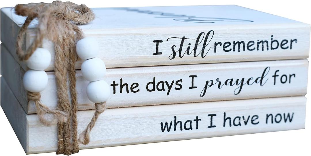 LIVDUCOT Wooden Decorative Books Stack for Coffee Table Faux Book Stack for Decoration I Still Remember The Days I Prayed Modern Farmhouse Decor White Book Decor for Shelf Mantle 7.5x5x3'