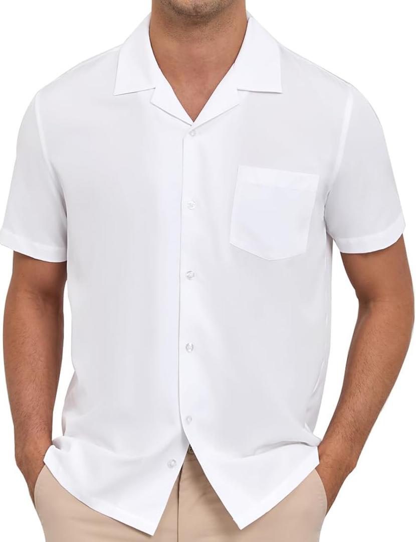 Men's Short Sleeve Button Down Shirt Cuban Collar Anti-Wrinkle Shirt Casual Summer Beach Shirt (White, XL)