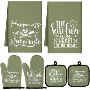Sratte 6 Pcs Kitchen Decor Accessories Set Farmhouse Towels Pot Holders Oven Mitts Set 2 Dish Towels 2 Potholders 2 Cooking Mittens Oven Glove for Baking Cooking Supply (Green, Kitchen)