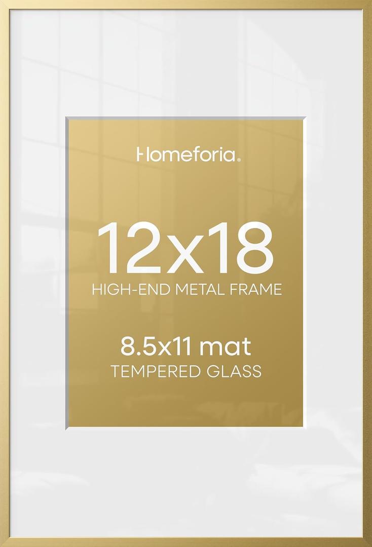 Homeforia 12x18 Picture Frame Gold, High End Metal 12x18 Poster Frames with Mat 8.5x11 Photo, 12 x 18 Gold Frame Matted to 8.5 by 11 Print, 18x12 Thin Hanging Frame, Tempered Glass, Wall Kit, Set of 1