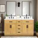 60-inch Natural Oak Bathroom Vanity with 2 Sinks, Solid Wood, 0.79-inch Stone Countertop and Backsplash, 6 Drawers, 4 Soft Closing Doors