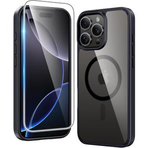 FNTCASE for iPhone 16 Pro-Max Case: Clear Magnetic Phone Cases with Screen Protector Compatible with Magsafe Slim Anti Yellowing Rugged Shockproof Protective Transparent Cell Cover (B-Black)