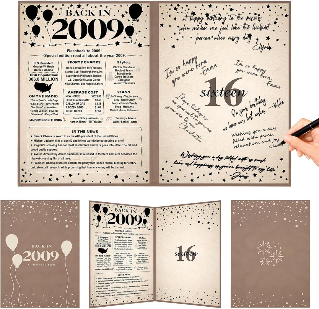 Crenics Sweet 16 Party Decorations for 2009 Boys or Girls, Vintage Back in 2009 Poster, Sixteen Birthday Guest Signature Book, Great 16th Anniversary Birthday Gifts