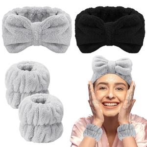 Chuangdi 4 Pcs Microfiber Headband Spa Wristbands and Wrist Bands for Washing Face Cuffs Towel Wristbands Hair Headband Face Wash Cuffs for Women Makeup(Grey, Black)