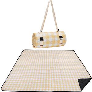 WILLOW WEAVE Picnic Blanket, 80''x80'' Waterproof Outdoor Blankets, Picnic Mat Washable for Beach, Picnic Blankets for Camping on Grass with Shoulder Strap - Yellow & White