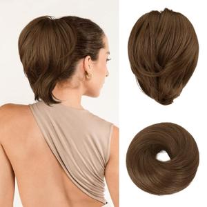 BARSDAR Hair Bun Extensions - Synthetic Fully Short Straight Ponytail Hair Bun Extensions for Women - Elastic Messy Hair Bun Scrunchies Hairpieces Daily - Dark Golden Copper (1 Count - Elastic)
