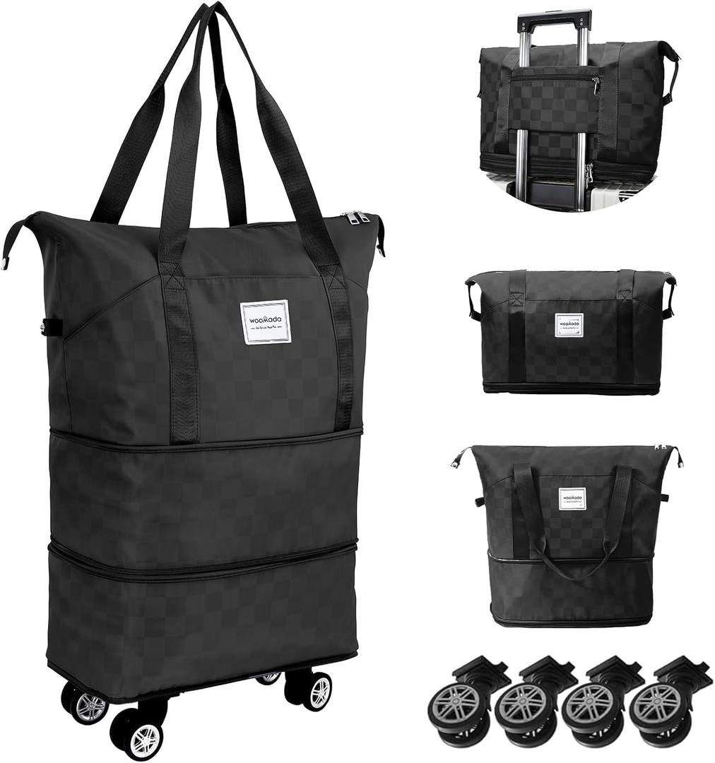 WOOMADA Rolling Duffel Bag With Wheels, Detachable Rolling Carry-On Luggage, Expandable Foldable Large Suitcase for Travel, Business, Camping, Gift for Parents, Spouse(black checkerboard)