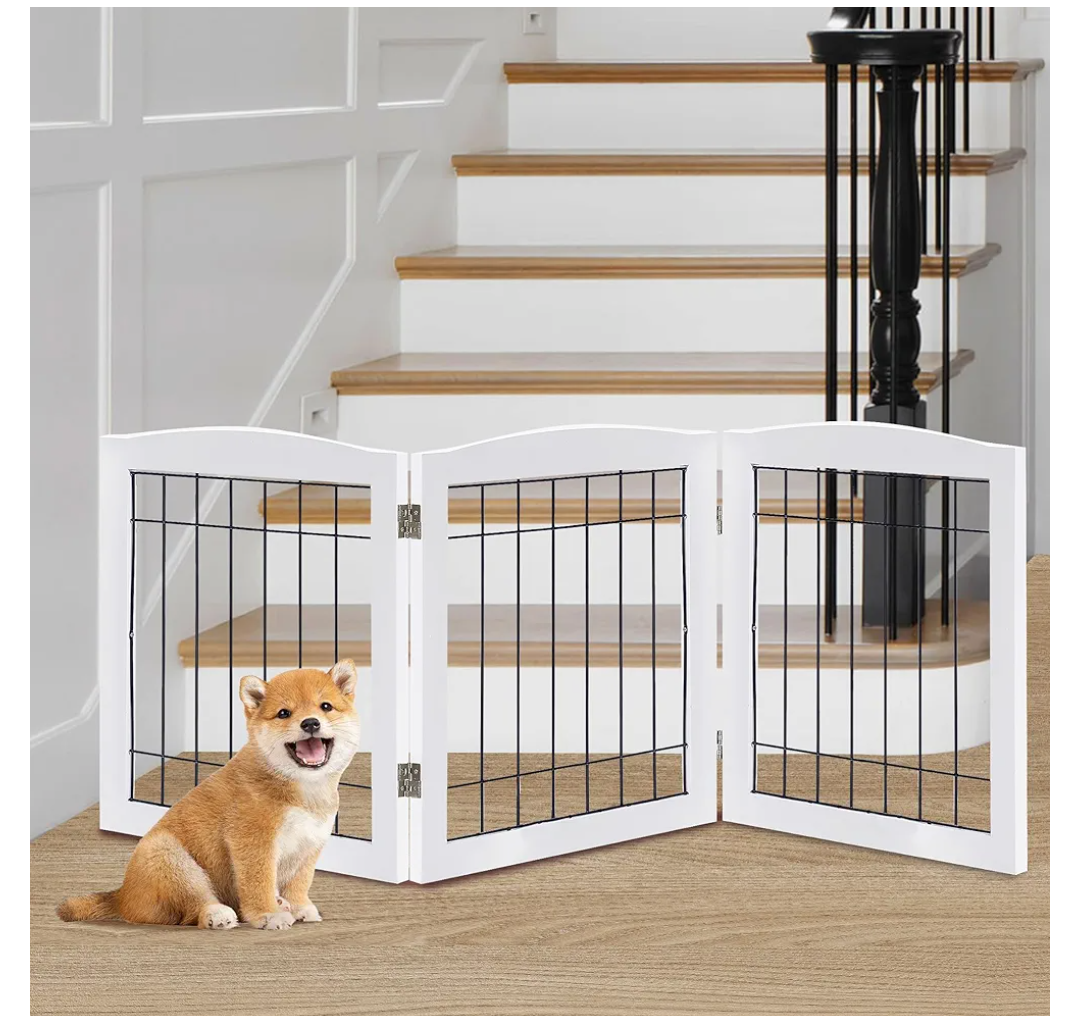 LZRS 3-Panel Freestanding Foldable Wooden Dog Gate –Solid Wood & Steel Wire Chew-Resistant Indoor Safety Pet Fence for Doorways & Stairs, Ideal for Small to Medium Dogs & Puppies, White