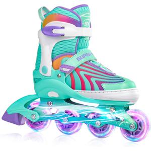 SUPER YOUNGSTER Girls Inline Skates for Boys Kids Ages 4-12, Adjustable Light Up Roller Skates for Youth Teens Ages 8-12, Beginner Blades for Women Adults (Medium-Big Kids (1-4 US) (Mint Green)