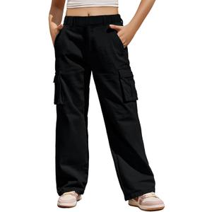 Haloumoning Girls Cargo Pants Casual Baggy Wide Leg Elastic Waist Jogger Trousers with Pockets 5-14 Years (Black)