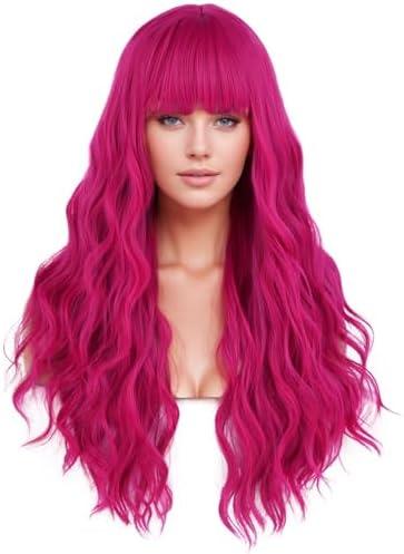 PATTNIUM 27 Inches Hot Pink Wig Long Curly Pink Wig with Bangs Women Girls Synthetic Dark Pink Wigs Halloween Cosplay Party Costume Wigs