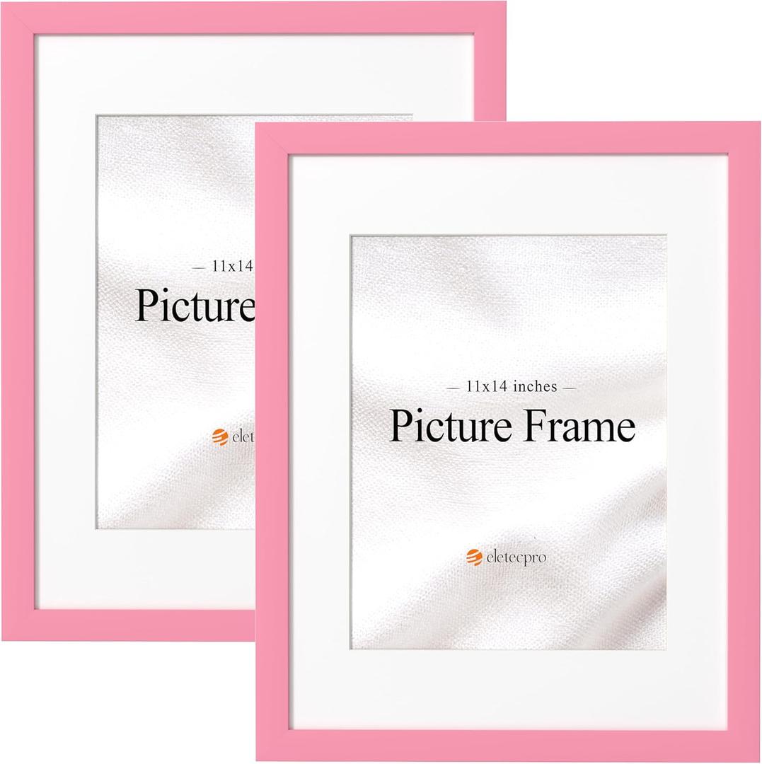 eletecpro 11x14 Picture Frames, Display Pictures 8x10 with Mat or 11x14 without Mat, Colorful Picture Frames Made of Engineered Wood and Acrylic for Wall or Tabletop Display, Hot Pink, Pack of 2 