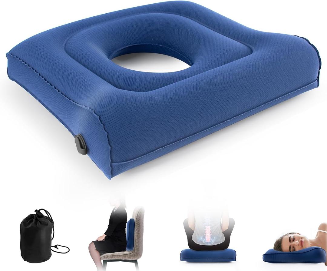 Multifunctional Seat Cushion,Inflatable Head Pillow,Adjustable Donut Pillow,Portable Backrest Cushion:Pressure Relief for Hemorrhoid, Tailbone Pain,Bed Sore,17.5"x17"x3.1"(Blue)