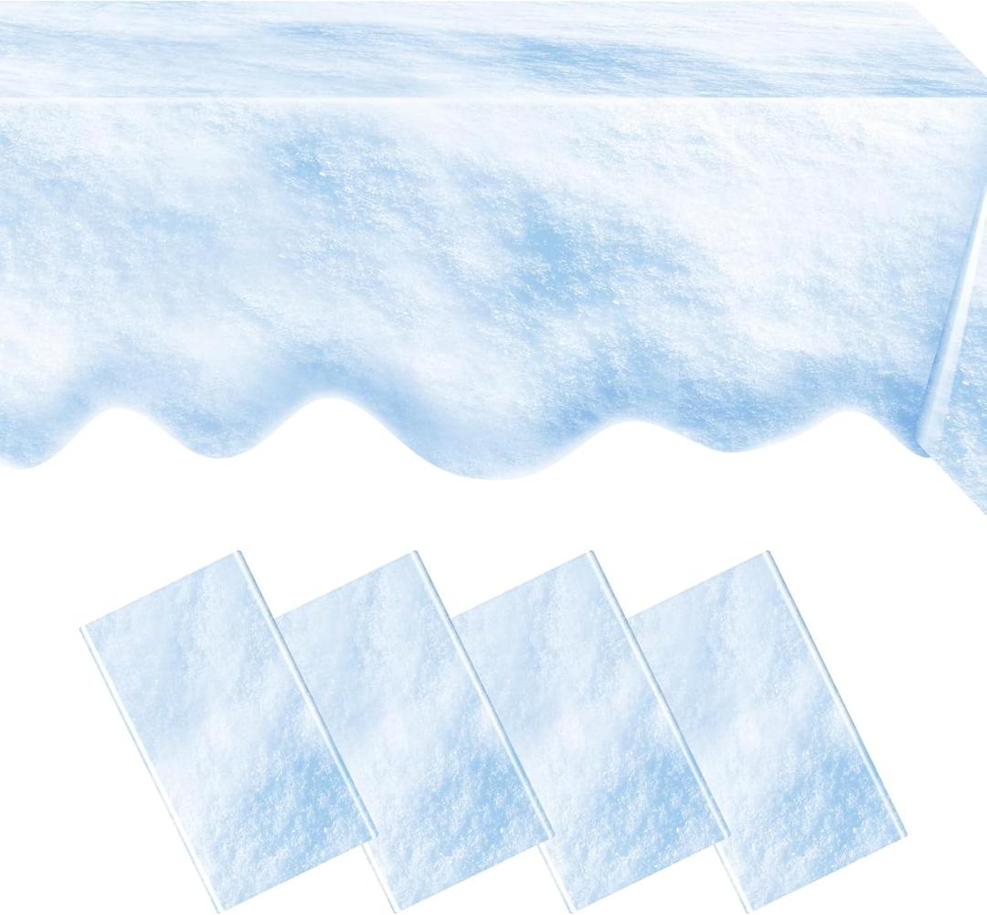 FuWeave 4 Pcs Snowflake Tablecloth Fake Snow Ice Tablecloth Plastic Snowflake Table Cover 54 x 108 Inch Waterproof Decoration Snow Cover for Winter Wonderland Holiday Birthday Party