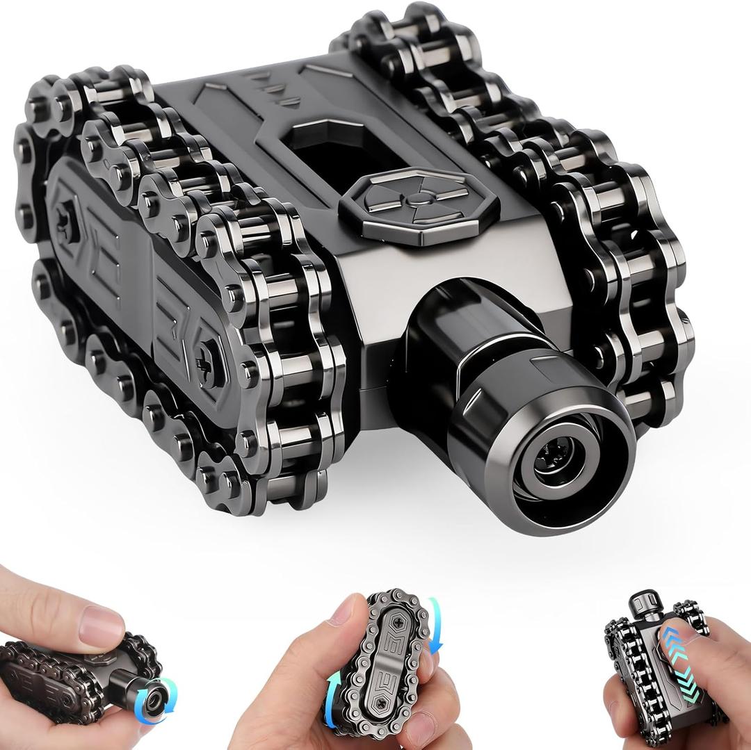 4 in 1 Metal Tank Fidget Slider Chain Spinner Hand Roller Finger Clicker Toy, Tactile Feedback Mechanical Clicking Sound Fidget Desk Toy, EDC Stress Relief Focus Gadget for Adults Kids, Black