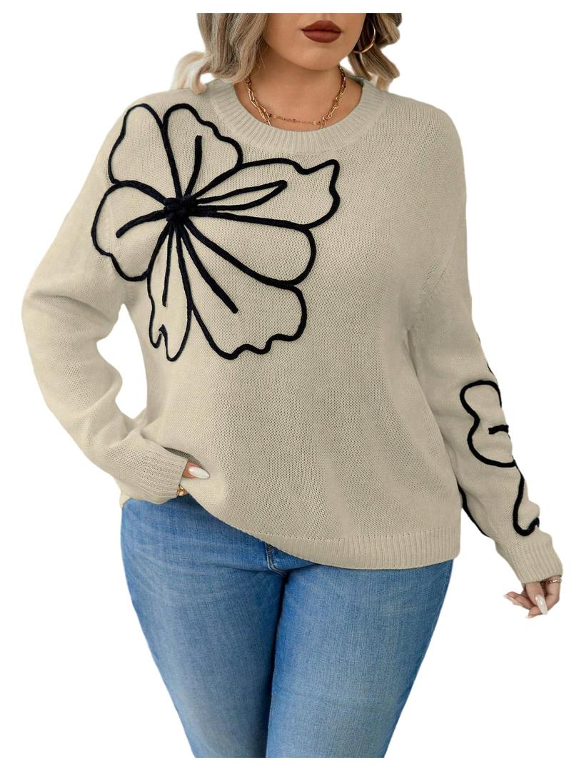 RoseSeek Women's Plus Size Floral Crew Neck Long Sleeve Pullover Sweaters (XL)