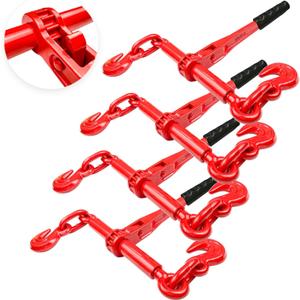 Ratchet Chain Binders 5/16'' - 3/8 | 4 Pack Load Binder with 2 Grab Hooks | Tie Downs for Grade 70 Transport Chain | 5,400 Lbs. Safe Working Load- Heavy Duty Ratchet Binders for Towing (Red  Manual)
