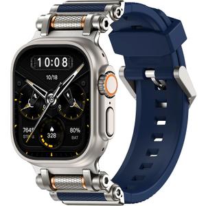 TAURI Silicone for Apple Watch Bands Ultra 3/2/1 49mm [Liquid Silicone Strap + Stainless Steel Metal Connector] Sport Band for Series 11/10/9/8/7/6/5/4/ SE3/2 46/45/44mm Men, Navy Blue