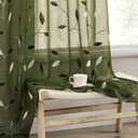 MIULEE Olive Green Sheer Curtains 2 Panels Embroidered Leaf Patterned Rod Pocket Floral Semi Faux Linen Window Curtains Drapes Set for Living Room Bedroom Dining Room, 52x63 Inches Long