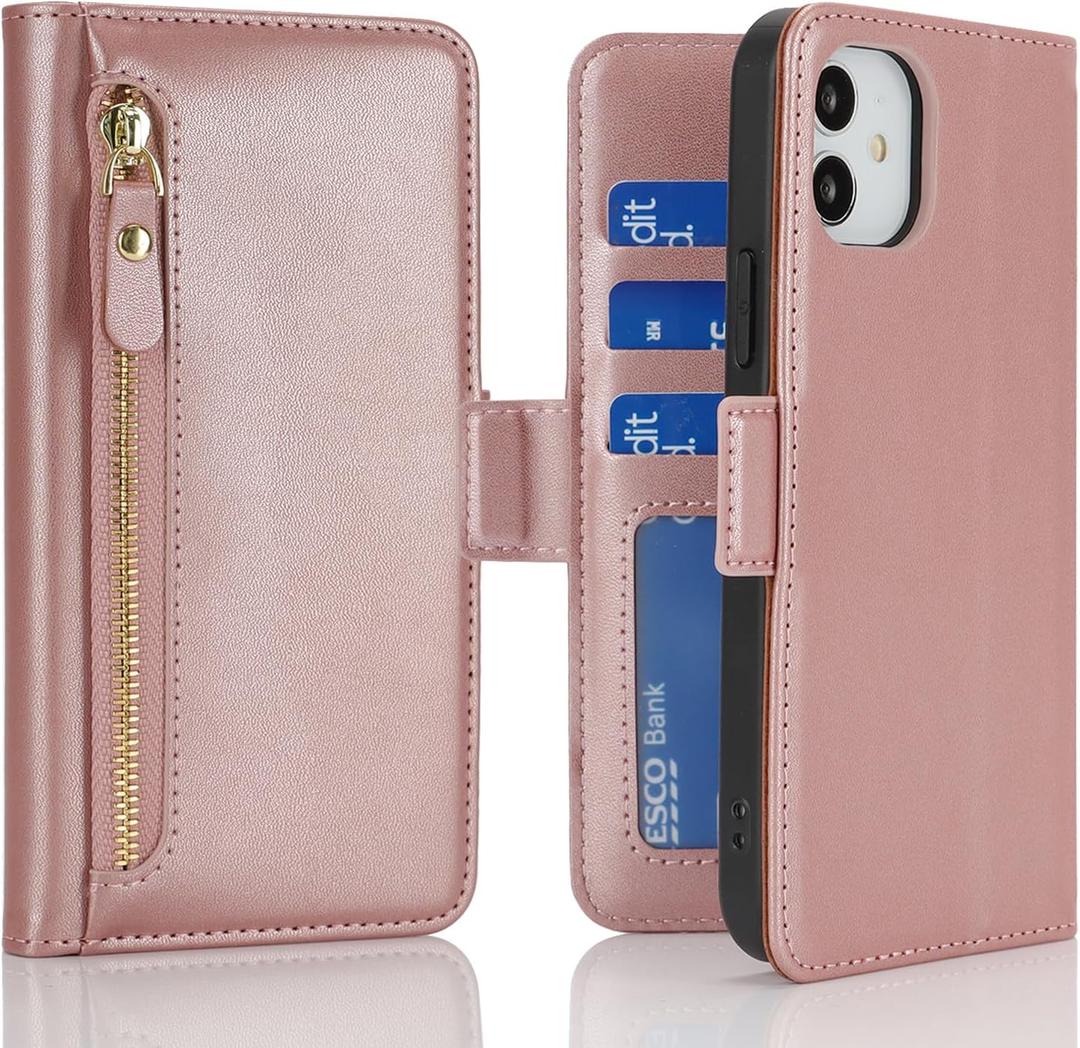 For iPhone 11 Phone case with Card Holder iPhone 11 case Wallet Zipper for Women Men PU Leather Flip Folio Credit Card Slots Stand Shockproof Phone Cover(6.1")-Rose Gold