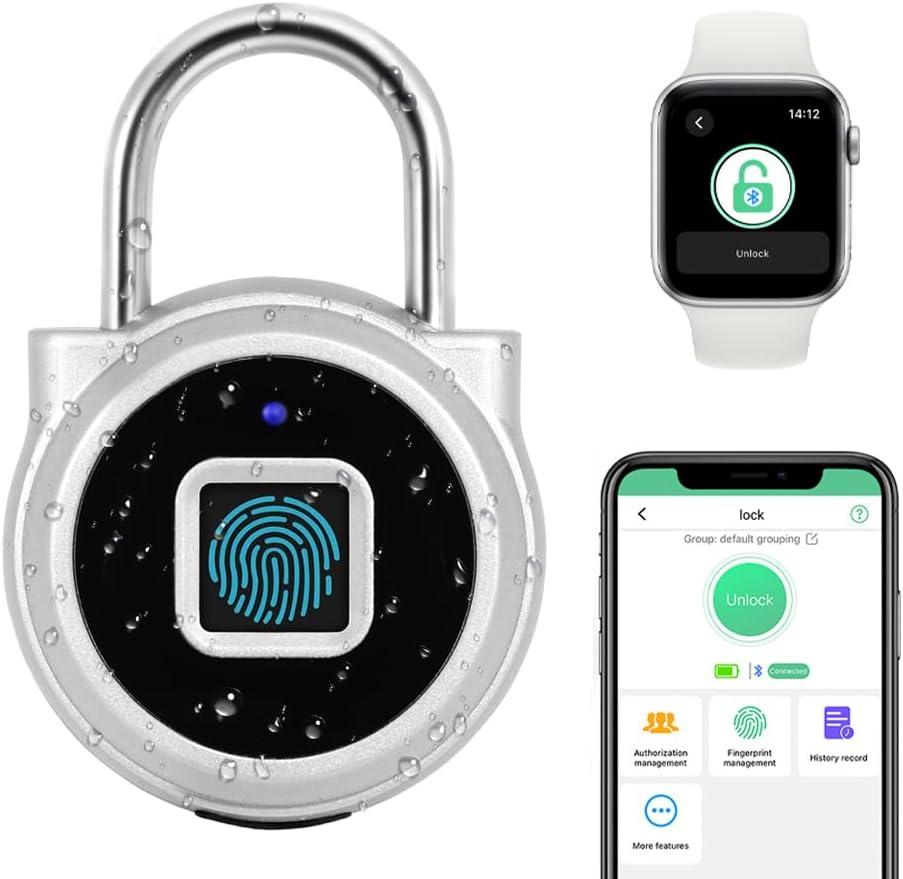 Gym Locker Padlock eLinkSmart Fingerprint Padlock Bluetooth App Authorized View Record Waterproof Security Keyless Smart Combination Lock for Outdoor Locker Backpack Gun Case Silver